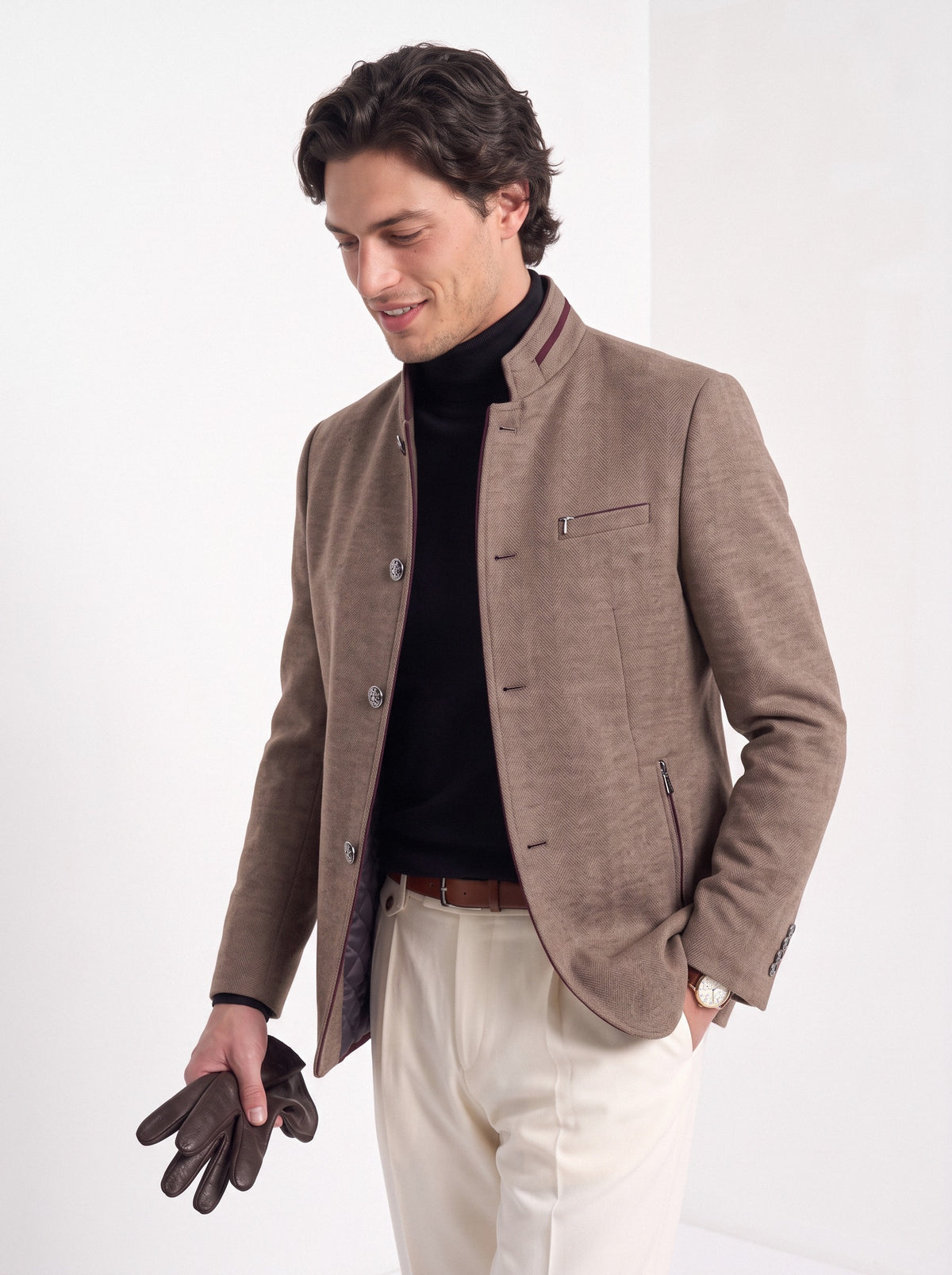 BLENIN men's mandarin collar wool blend jacket in camel, styled
