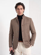 BLENIN men's mandarin collar wool blend jacket in camel, front portrait