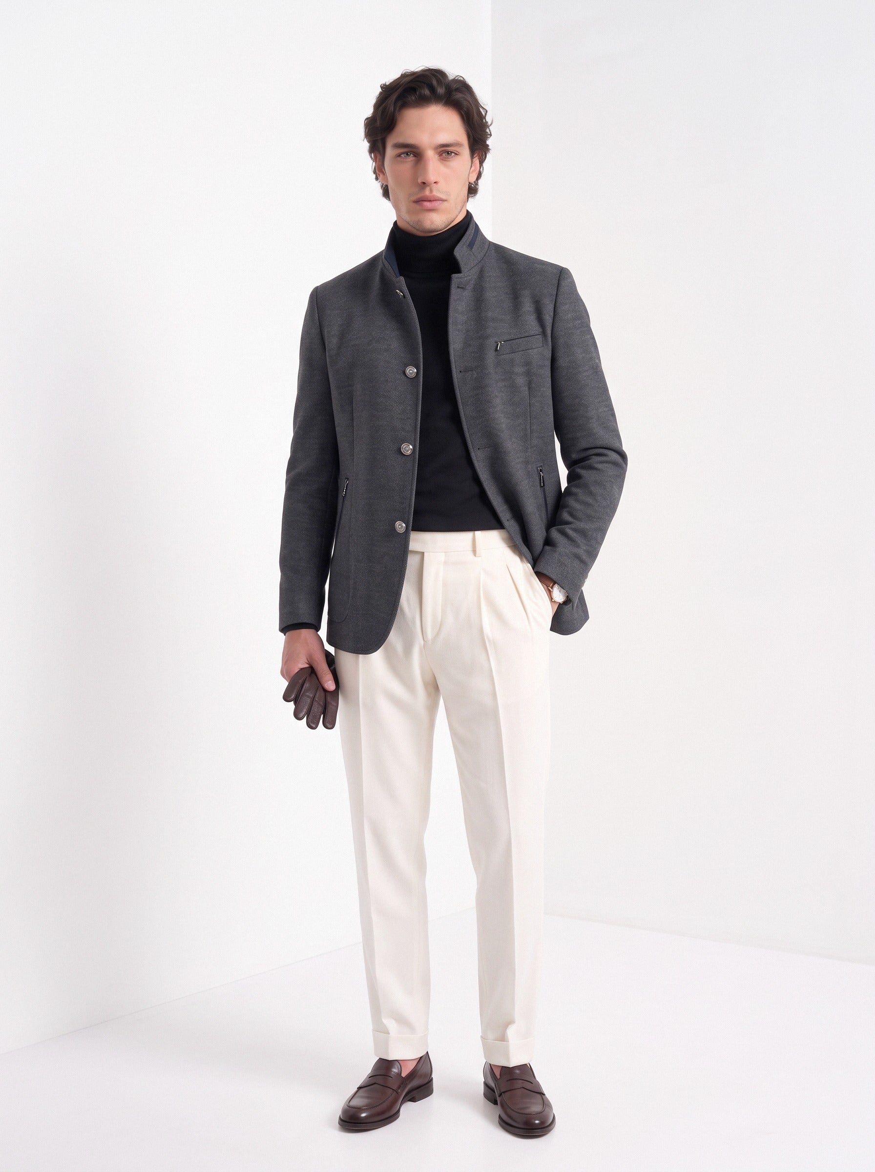 BLENIN men's mandarin collar wool blend jacket in grey, full-length look