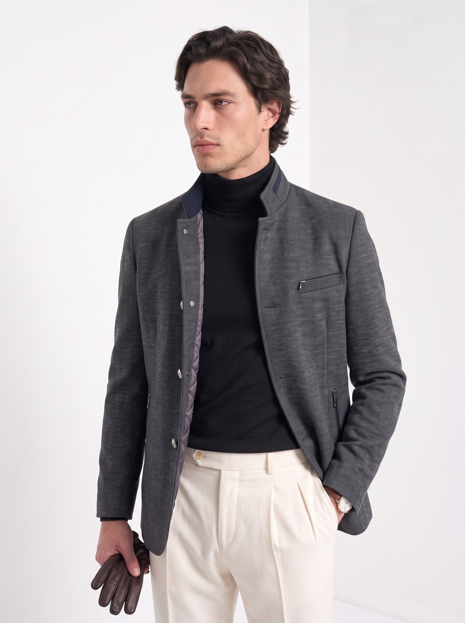 BLENIN men's mandarin collar wool blend jacket in grey, upper body
