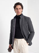 BLENIN men's mandarin collar wool blend jacket in grey, front portrait