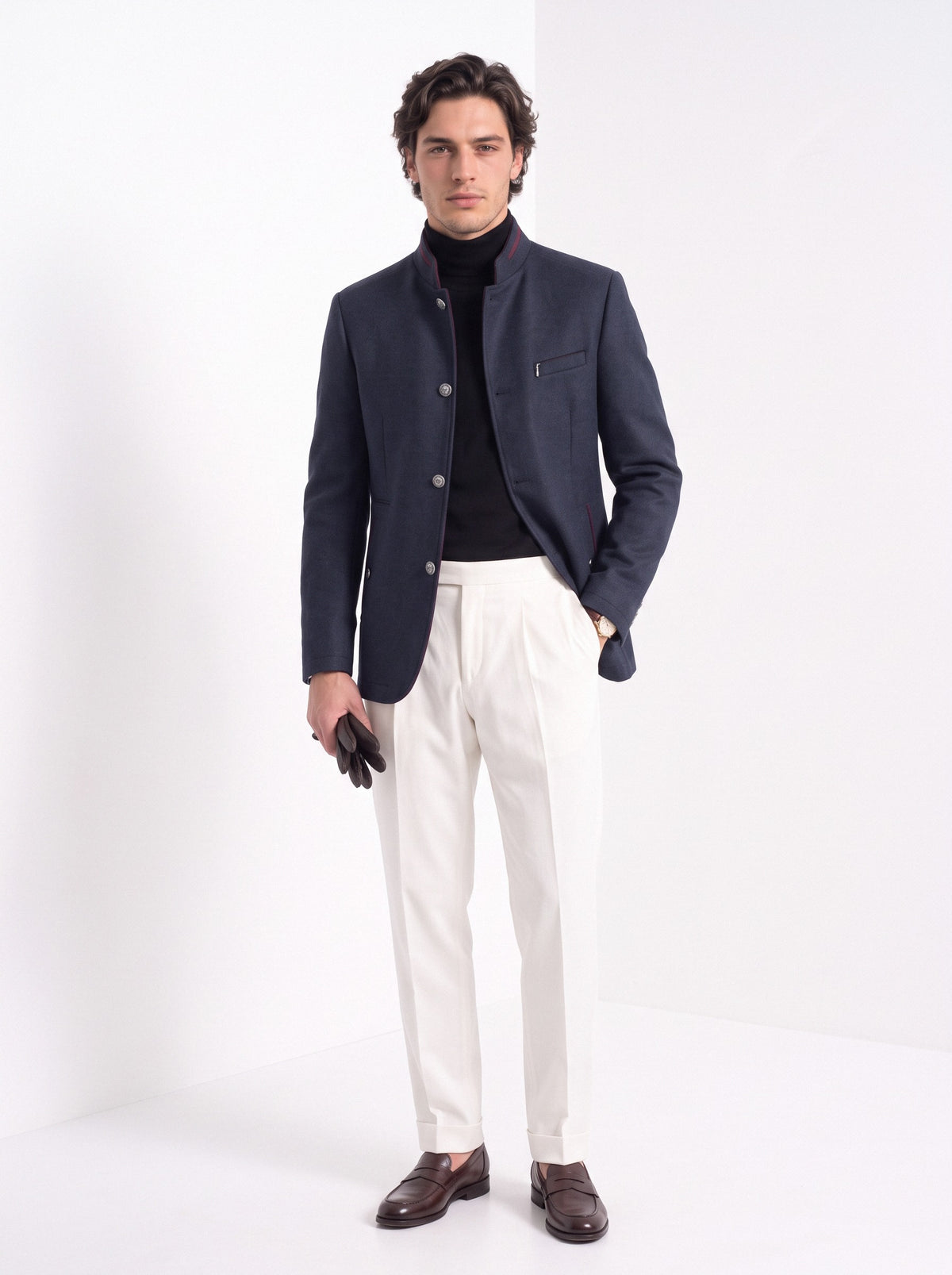 BLENIN men's mandarin collar wool blend jacket in navy, full-length look