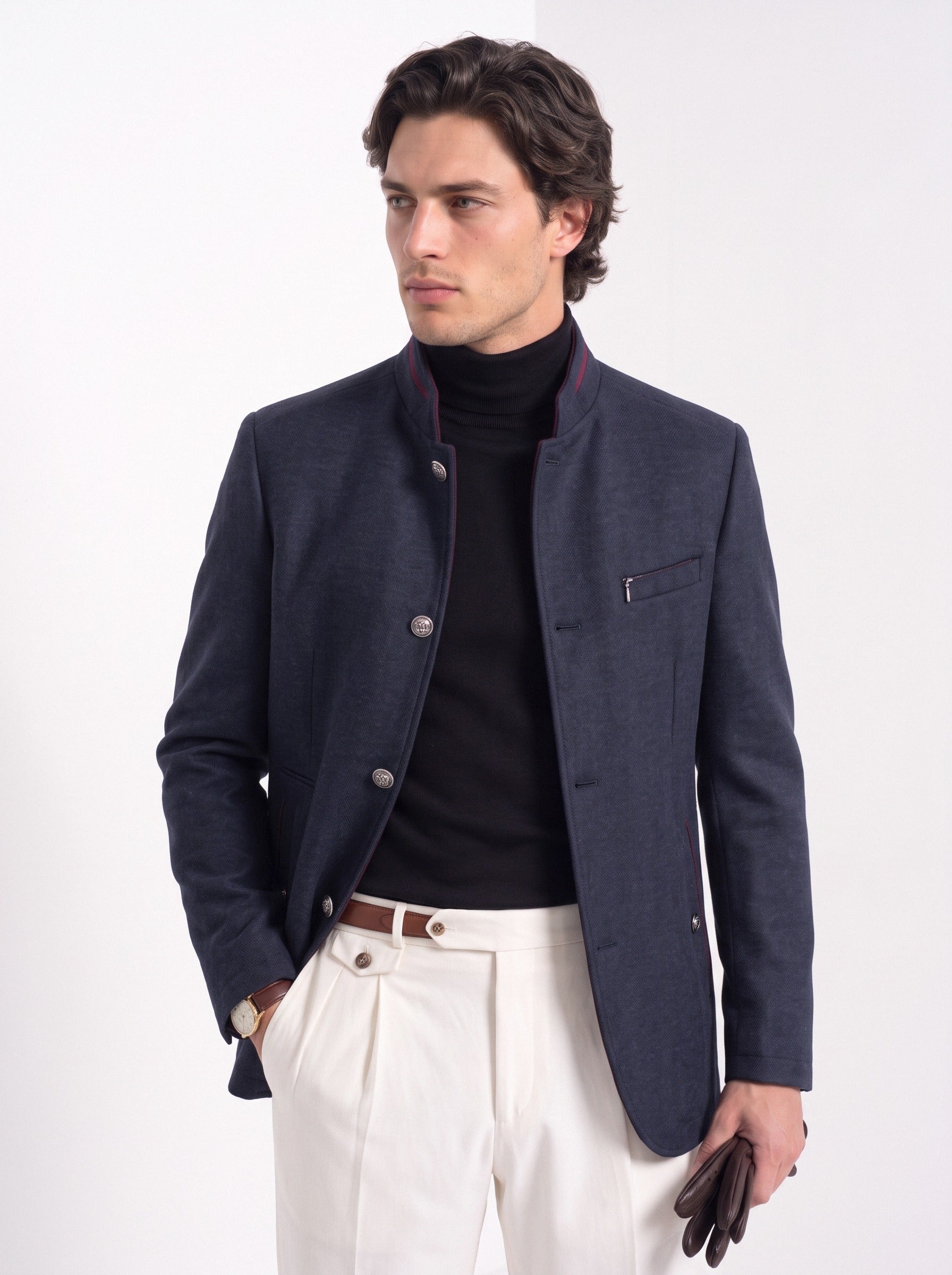 BLENIN men's mandarin collar wool blend jacket in navy, upper body
