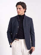 BLENIN men's mandarin collar wool blend jacket in navy, upper body