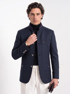 BLENIN men's mandarin collar wool blend jacket in navy, front portrait