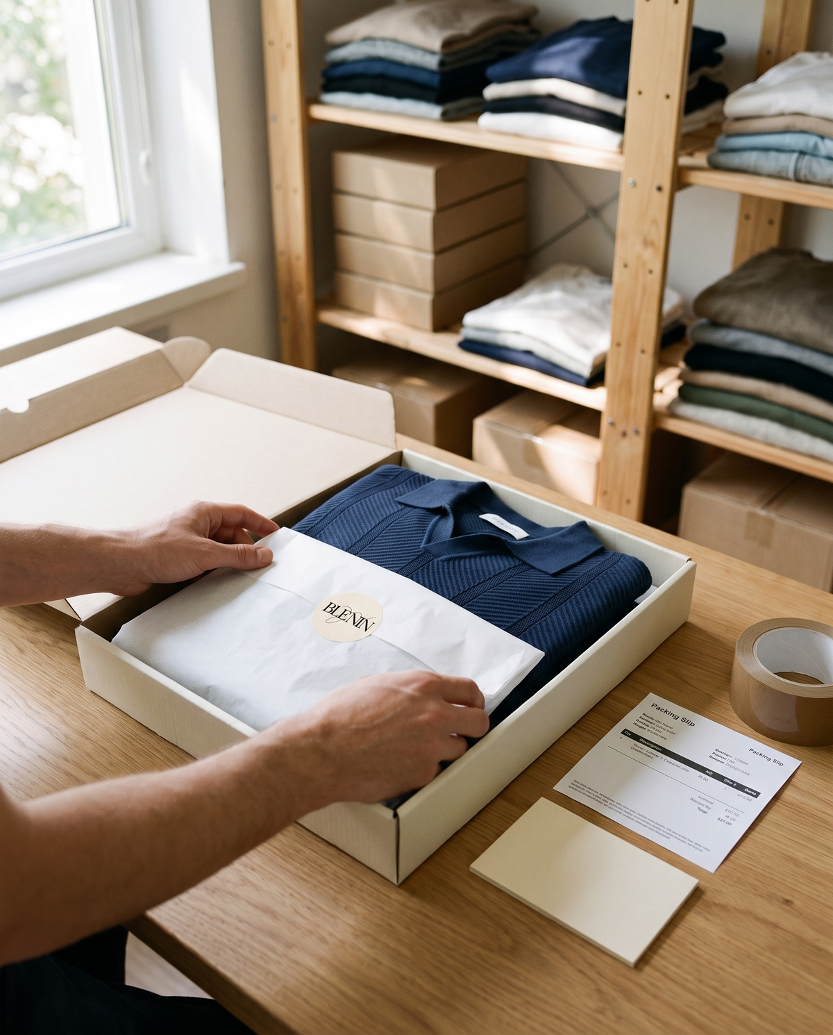 A navy knitted polo wrapped in tissue paper with a BLENIN sticker, packed in a box
