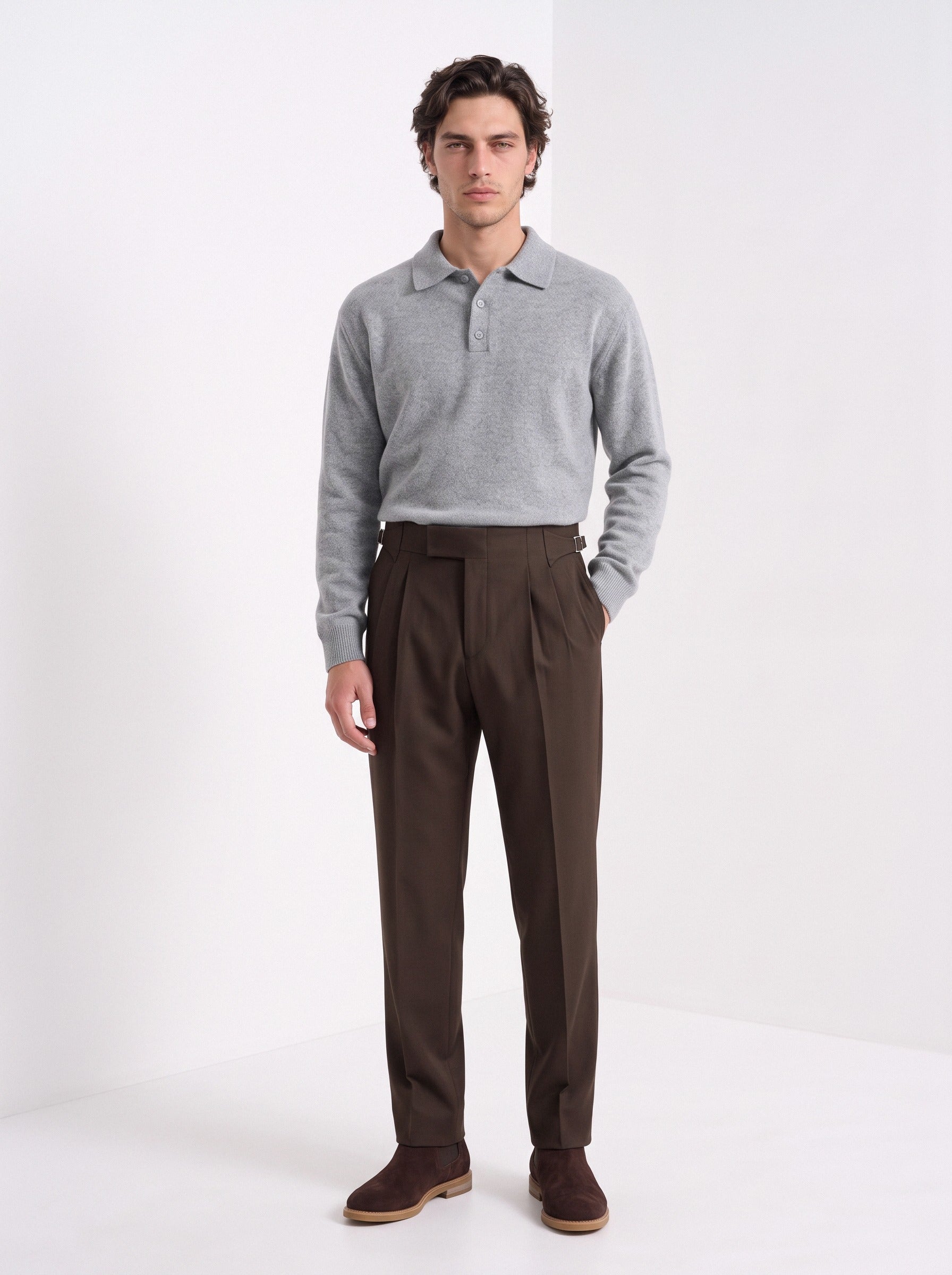 Men's pleated Gurkha trousers in brown, full-length