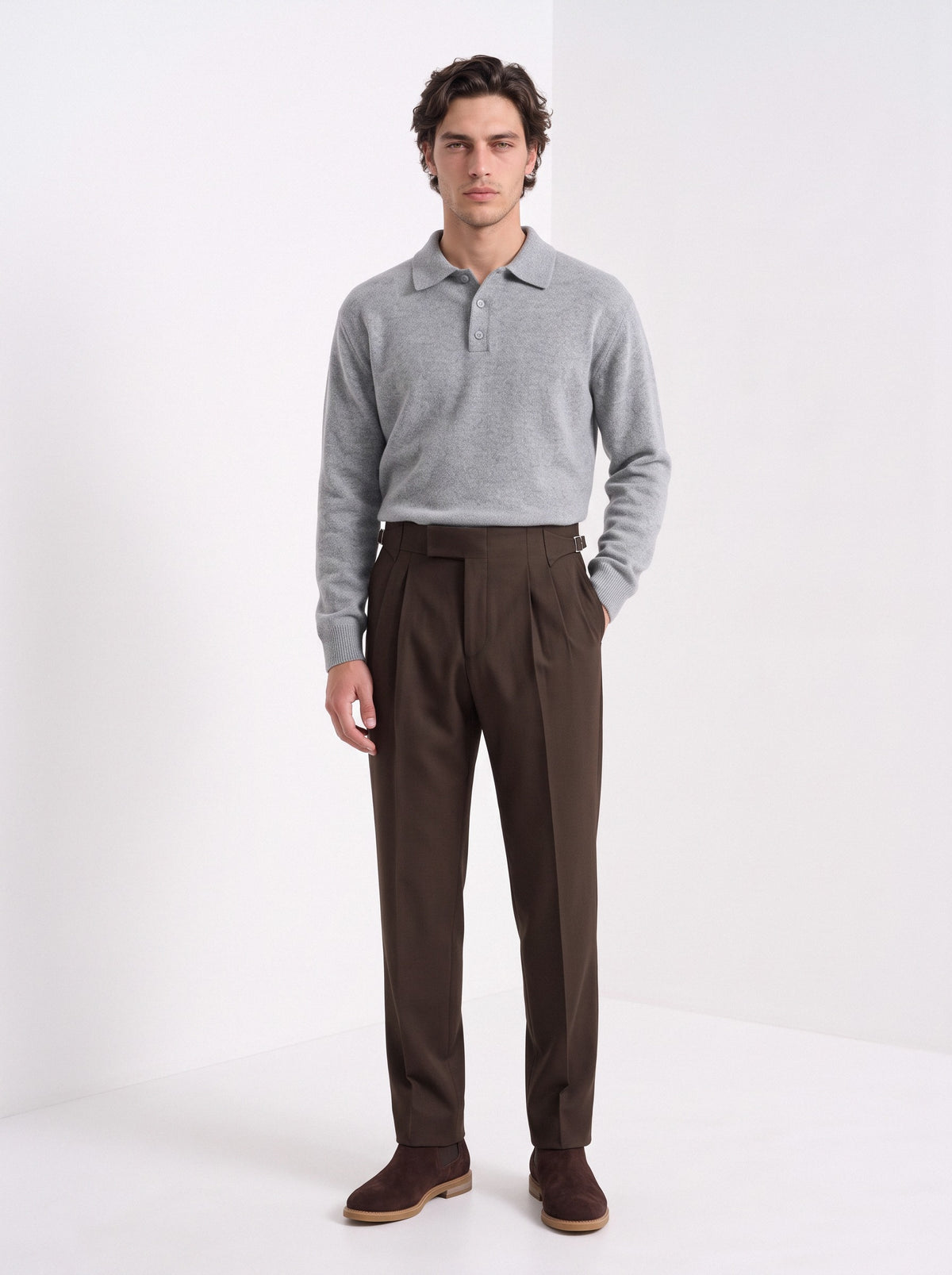 Men's pleated Gurkha trousers in brown, full-length