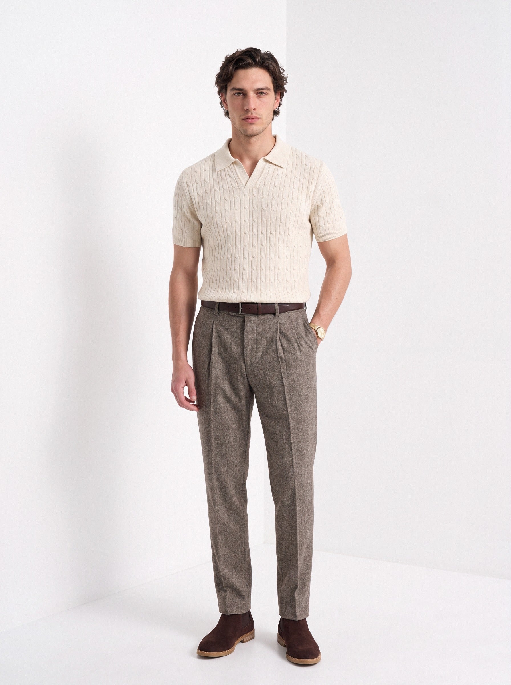 Men's cashmere knitted polo shirt in cream, full-length