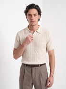 Men's cashmere knitted polo shirt in cream, front portrait