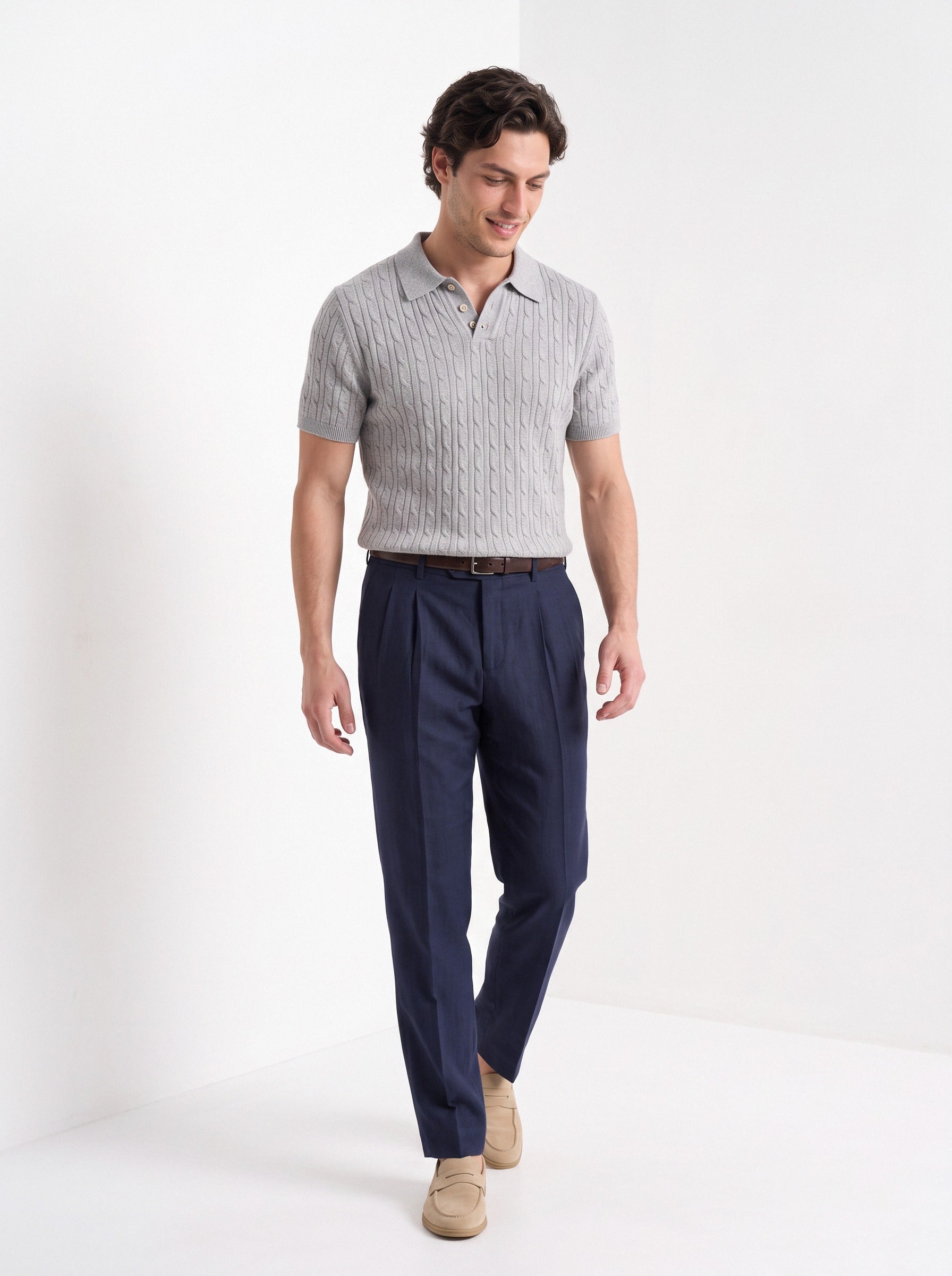 Men's cashmere knitted polo shirt in grey, full-length