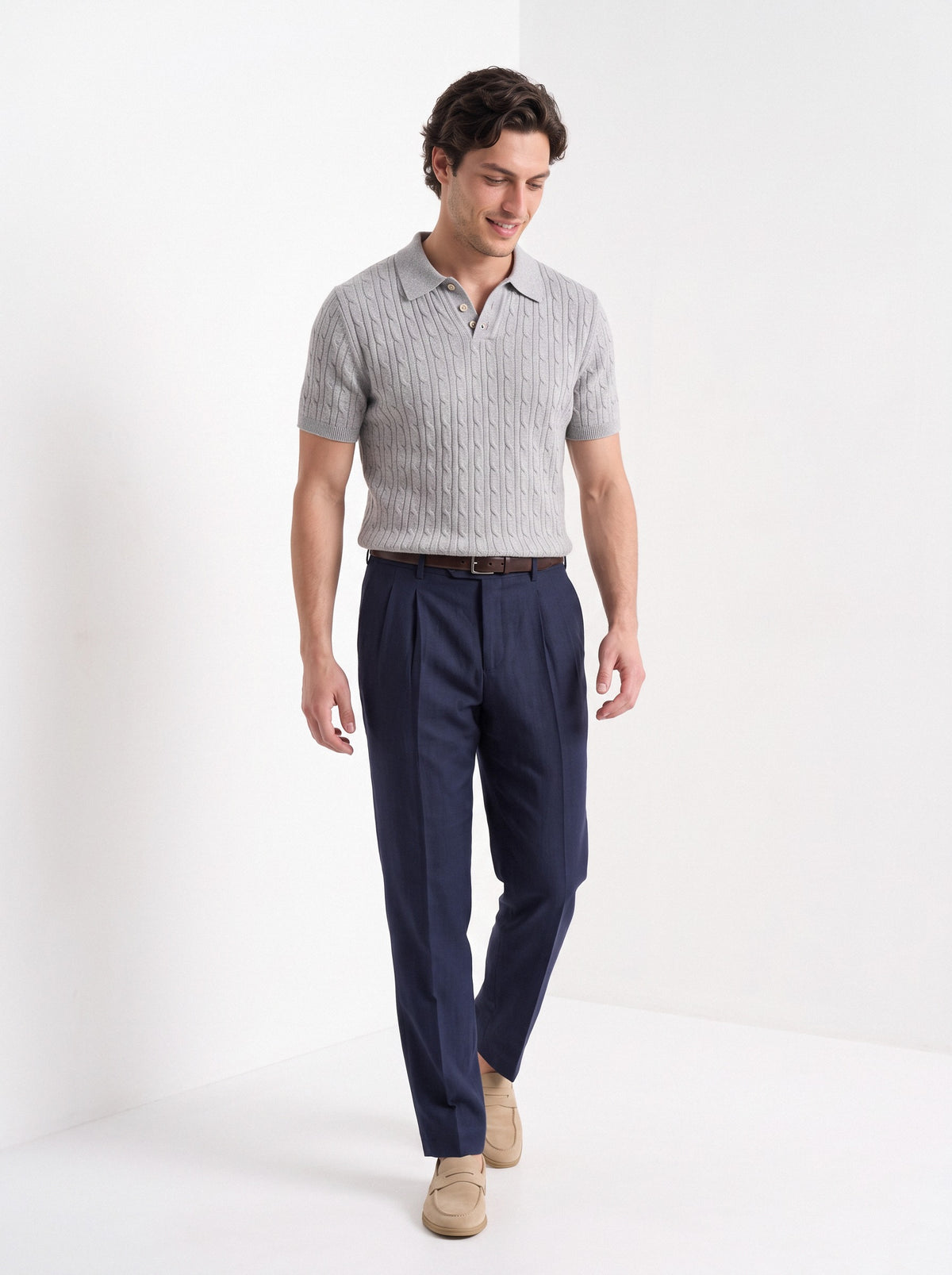 Men's cashmere knitted polo shirt in grey, full-length