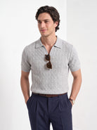 Men's cashmere knitted polo shirt in grey, front portrait