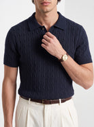 Men's cashmere knitted polo shirt in navy, close-up detail