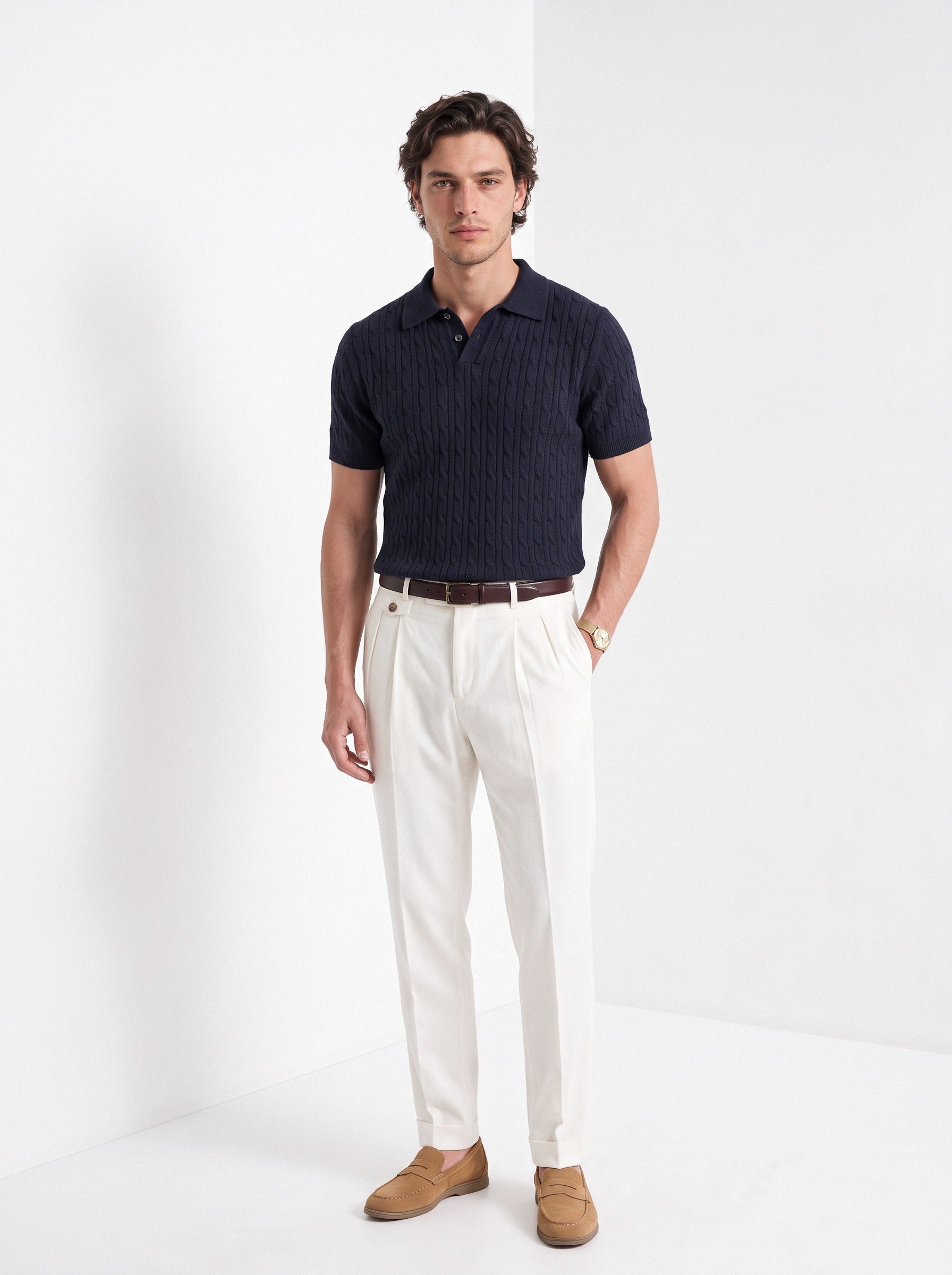 Men's cashmere knitted polo shirt in navy, full-length