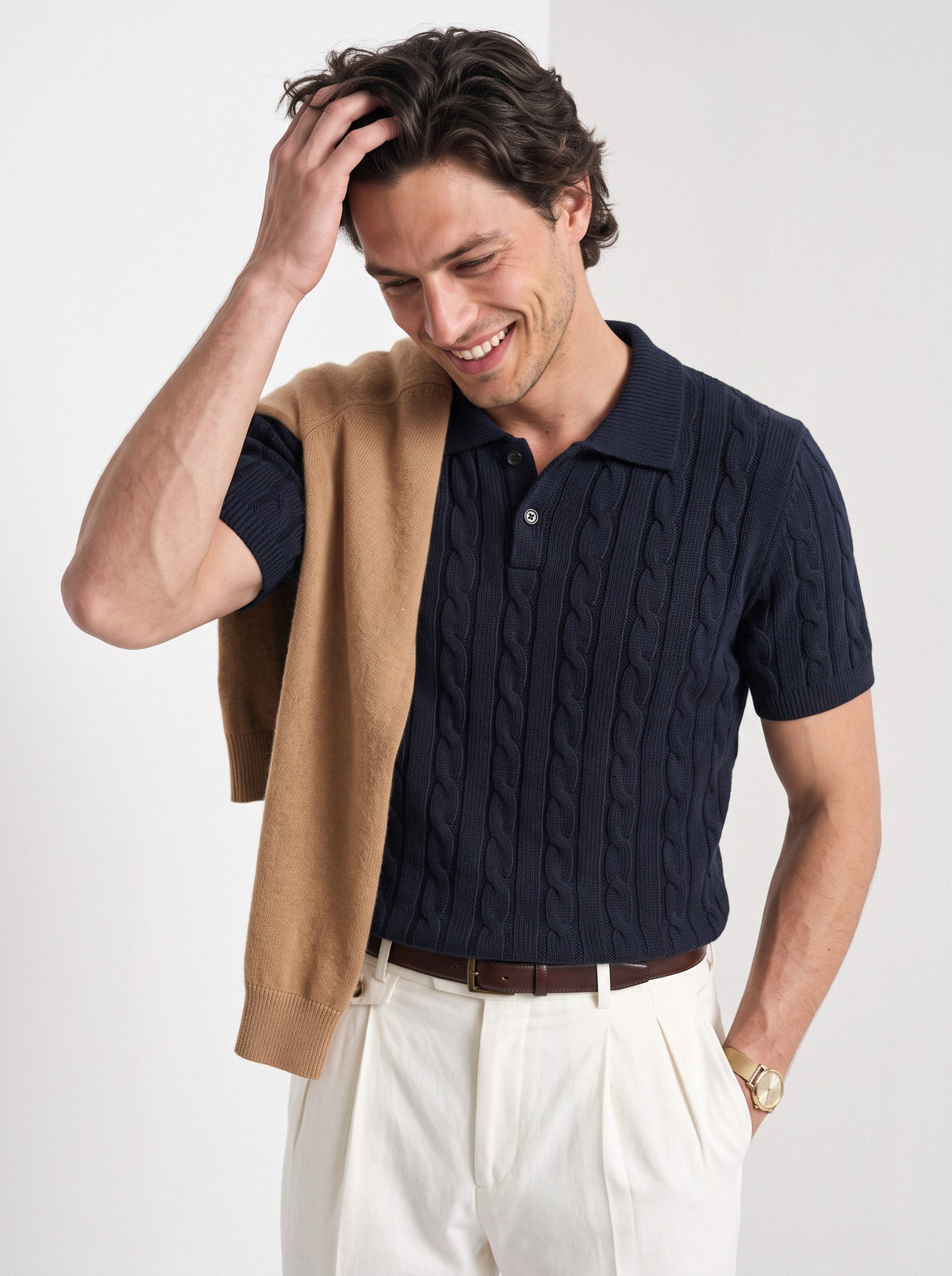 Men's cashmere knitted polo shirt in navy, styled