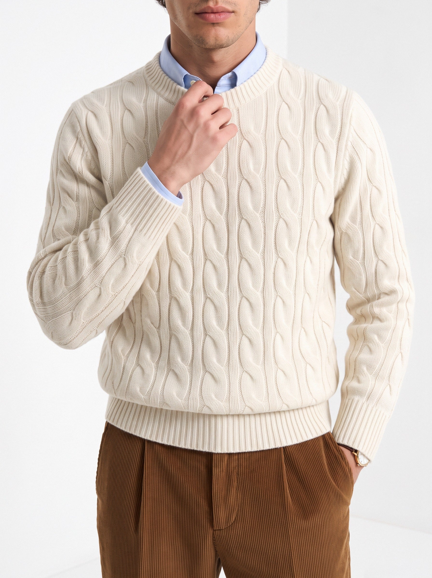 Men's wool cashmere cable knit sweater in cream, close-up detail