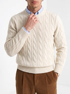 Men's wool cashmere cable knit sweater in cream, close-up detail