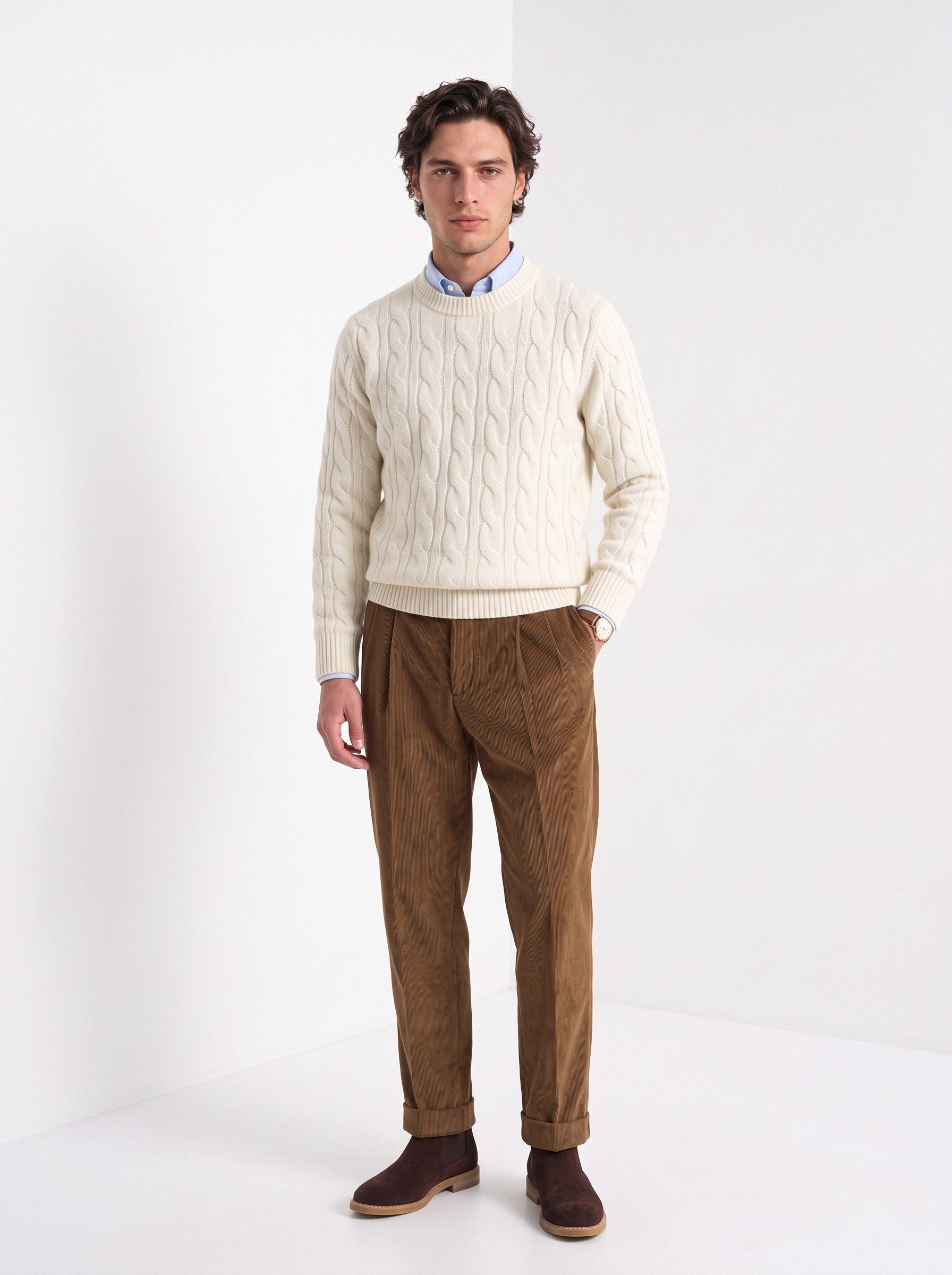 Men's wool cashmere cable knit sweater in cream, full-length