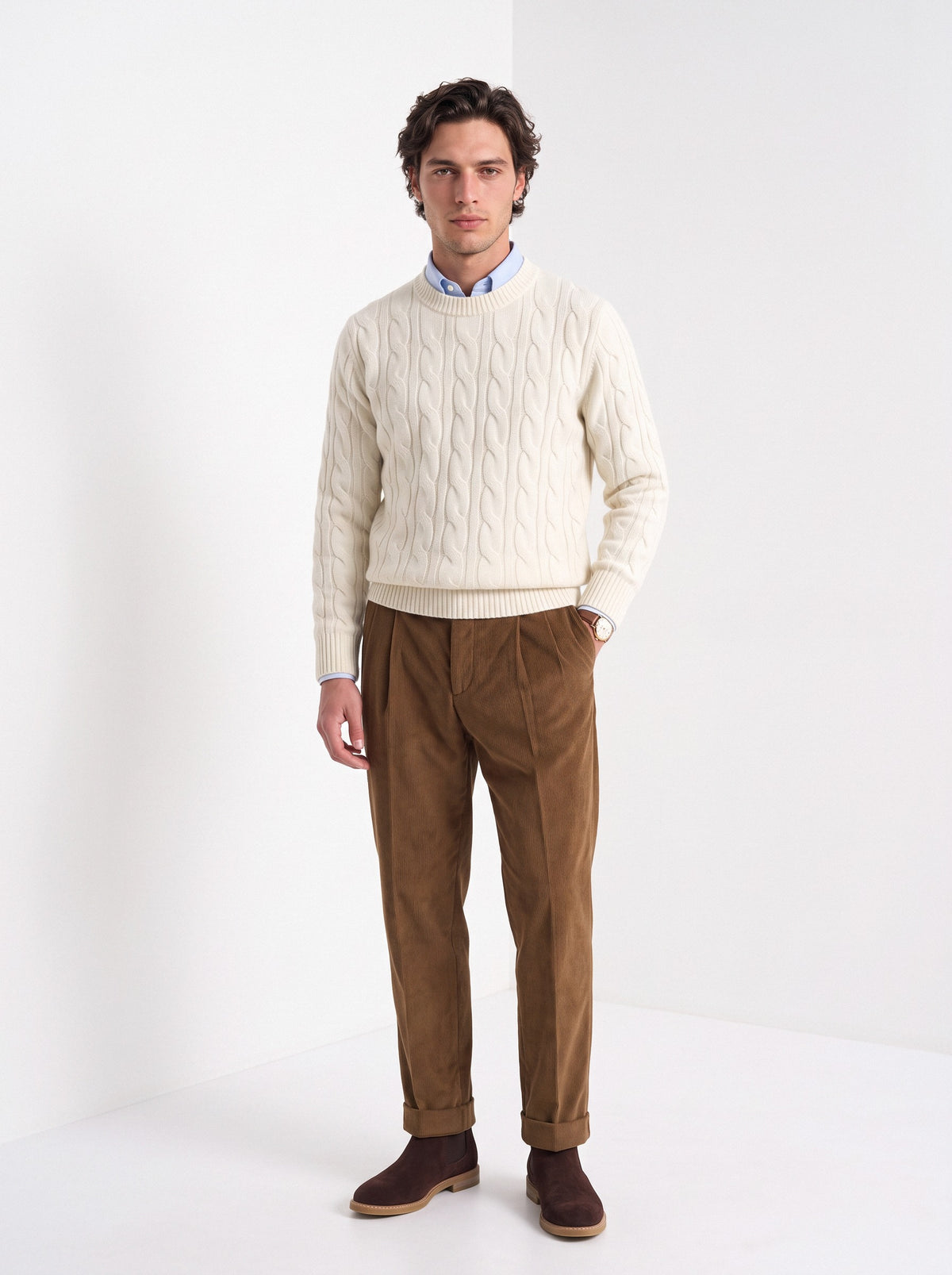 Men's wool cashmere cable knit sweater in cream, full-length