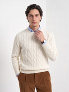 Men's wool cashmere cable knit sweater in cream, front portrait