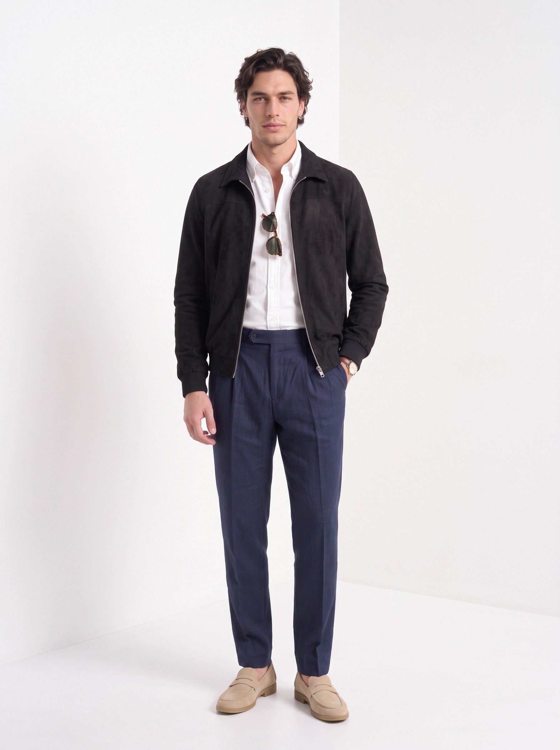 BLENIN men's suede-look harrington jacket in black, full-length look
