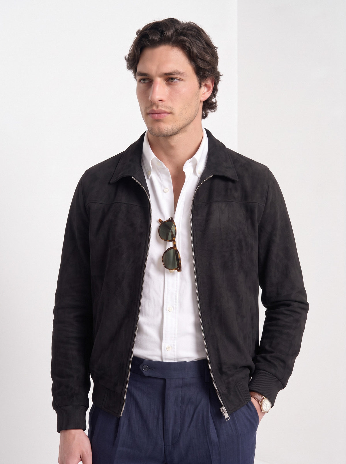 BLENIN men's suede-look harrington jacket in black, upper body