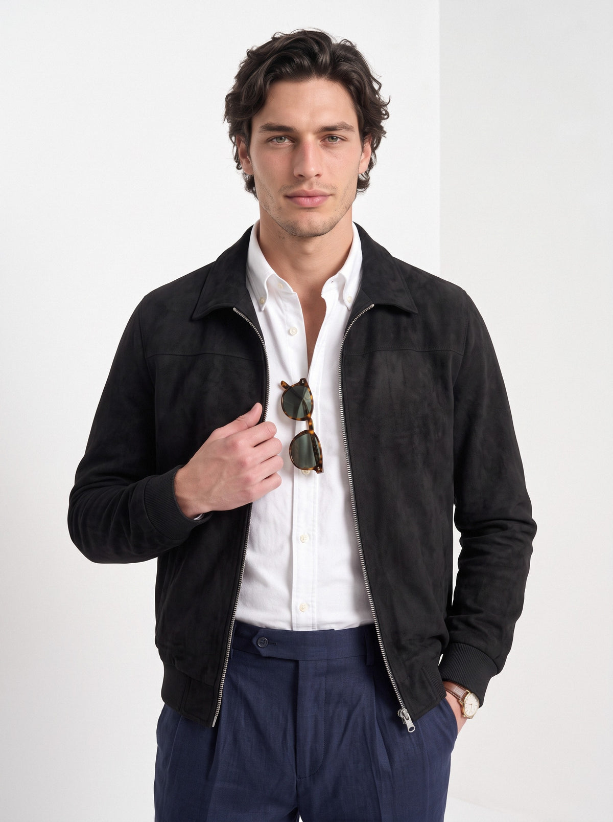 BLENIN men's suede-look harrington jacket in black, front portrait