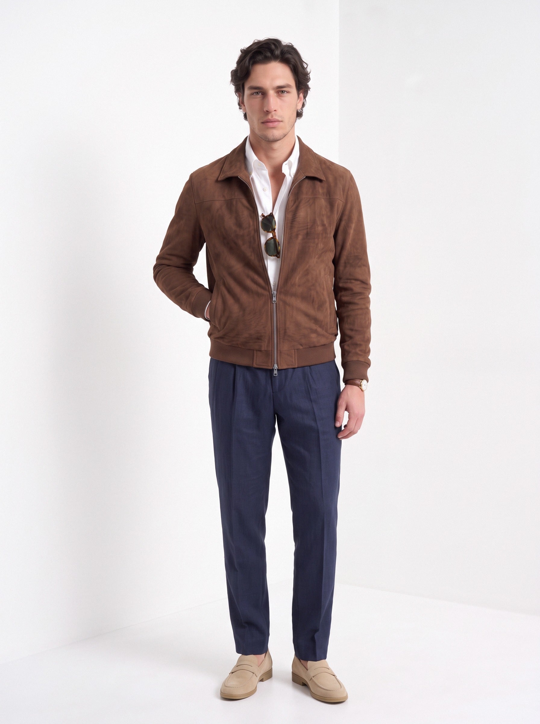 BLENIN men's suede-look harrington jacket in brown, full-length look
