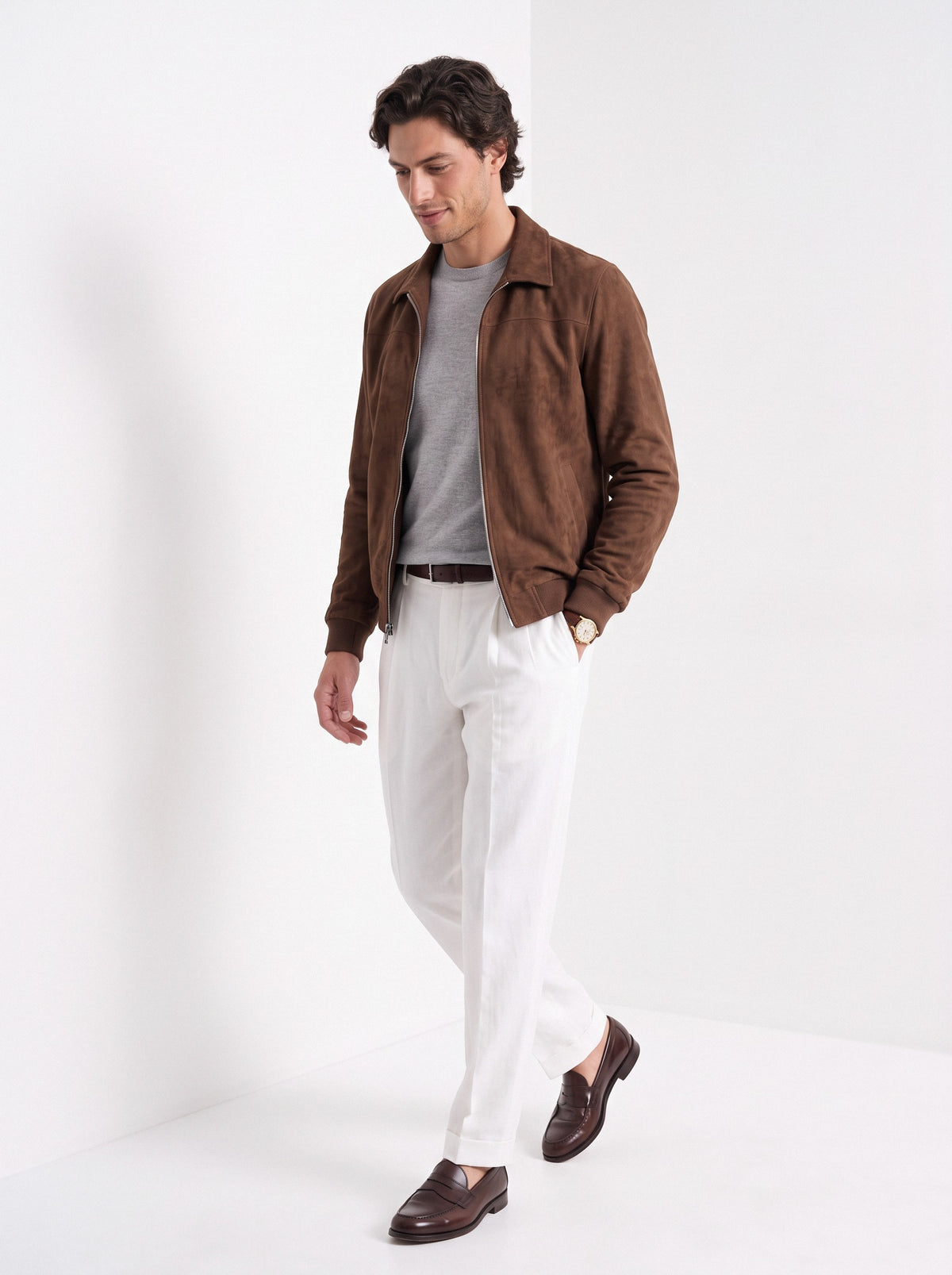 BLENIN men's suede-look harrington jacket in brown, full outfit, walking