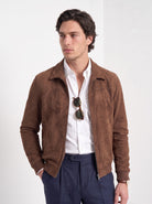 BLENIN men's suede-look harrington jacket in brown, upper body
