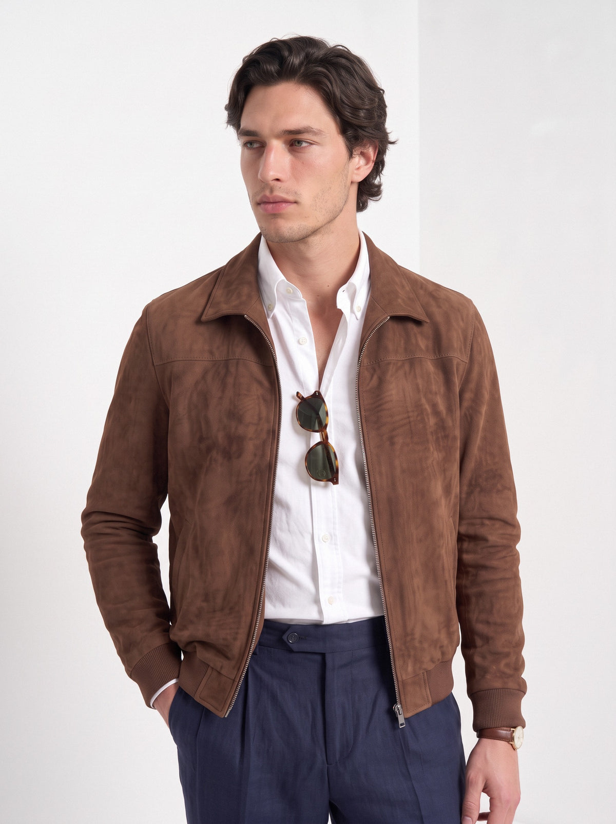 BLENIN men's suede-look harrington jacket in brown, upper body