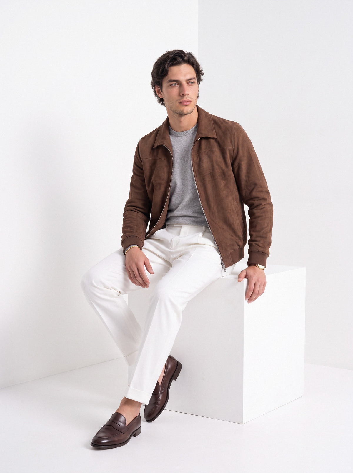 BLENIN men's suede-look harrington jacket in brown, seated, full outfit
