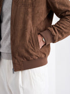 BLENIN men's suede-look harrington jacket in brown, sleeve and cuff close-up
