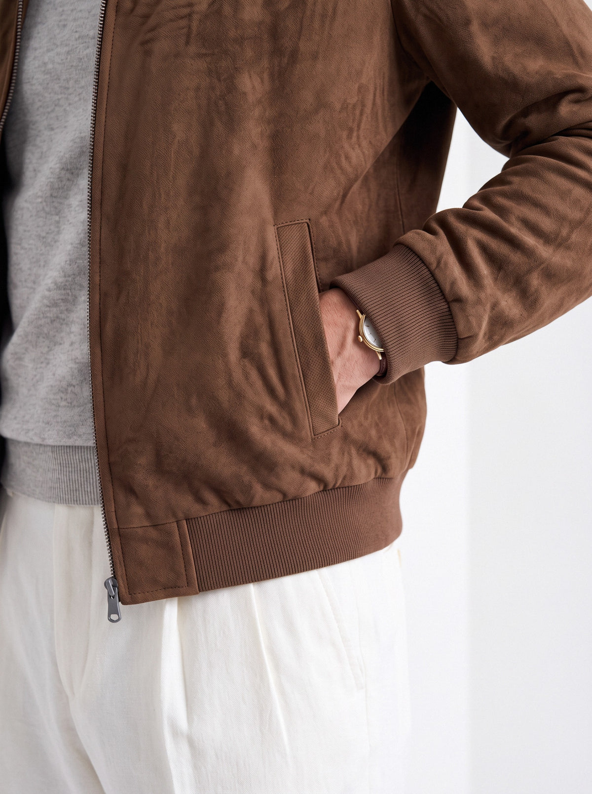 BLENIN men's suede-look harrington jacket in brown, sleeve and cuff close-up