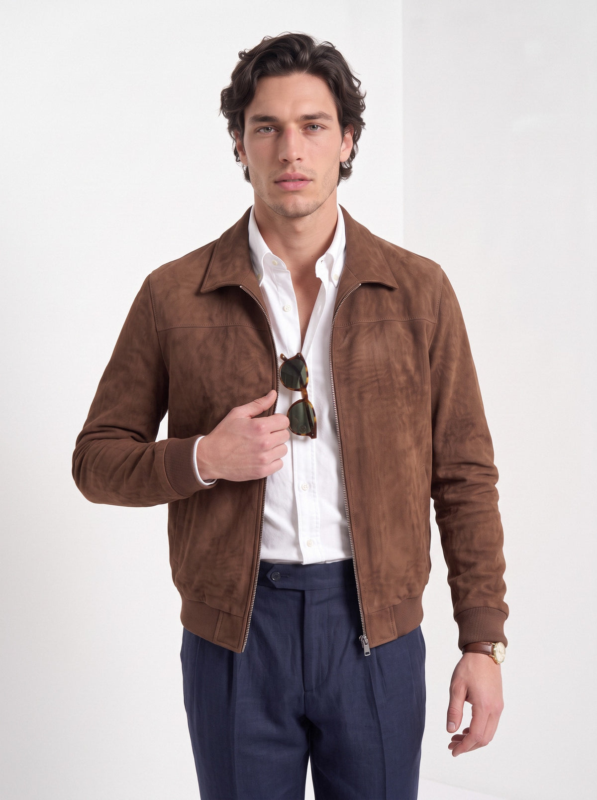 BLENIN men's suede-look harrington jacket in brown, styled