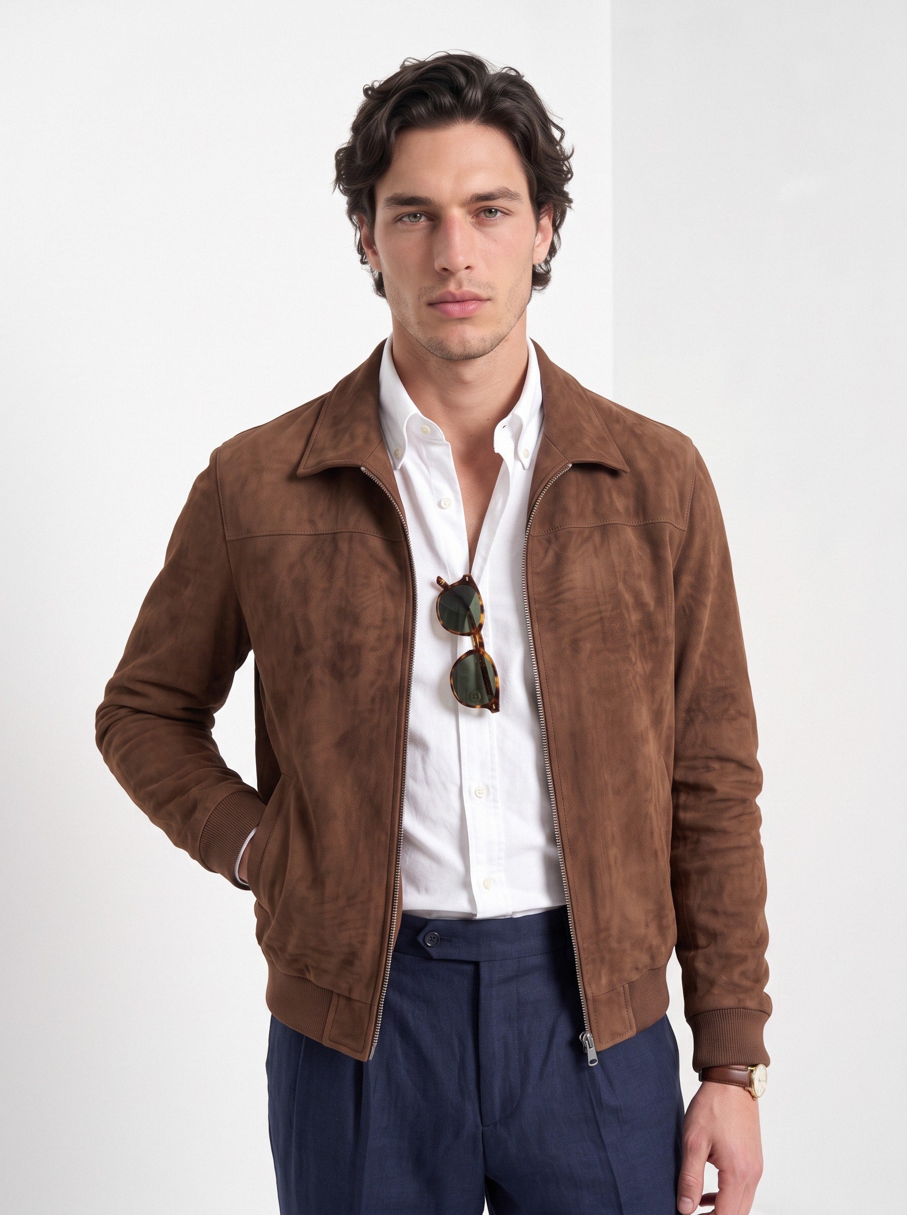 BLENIN men's suede-look harrington jacket in brown, front portrait