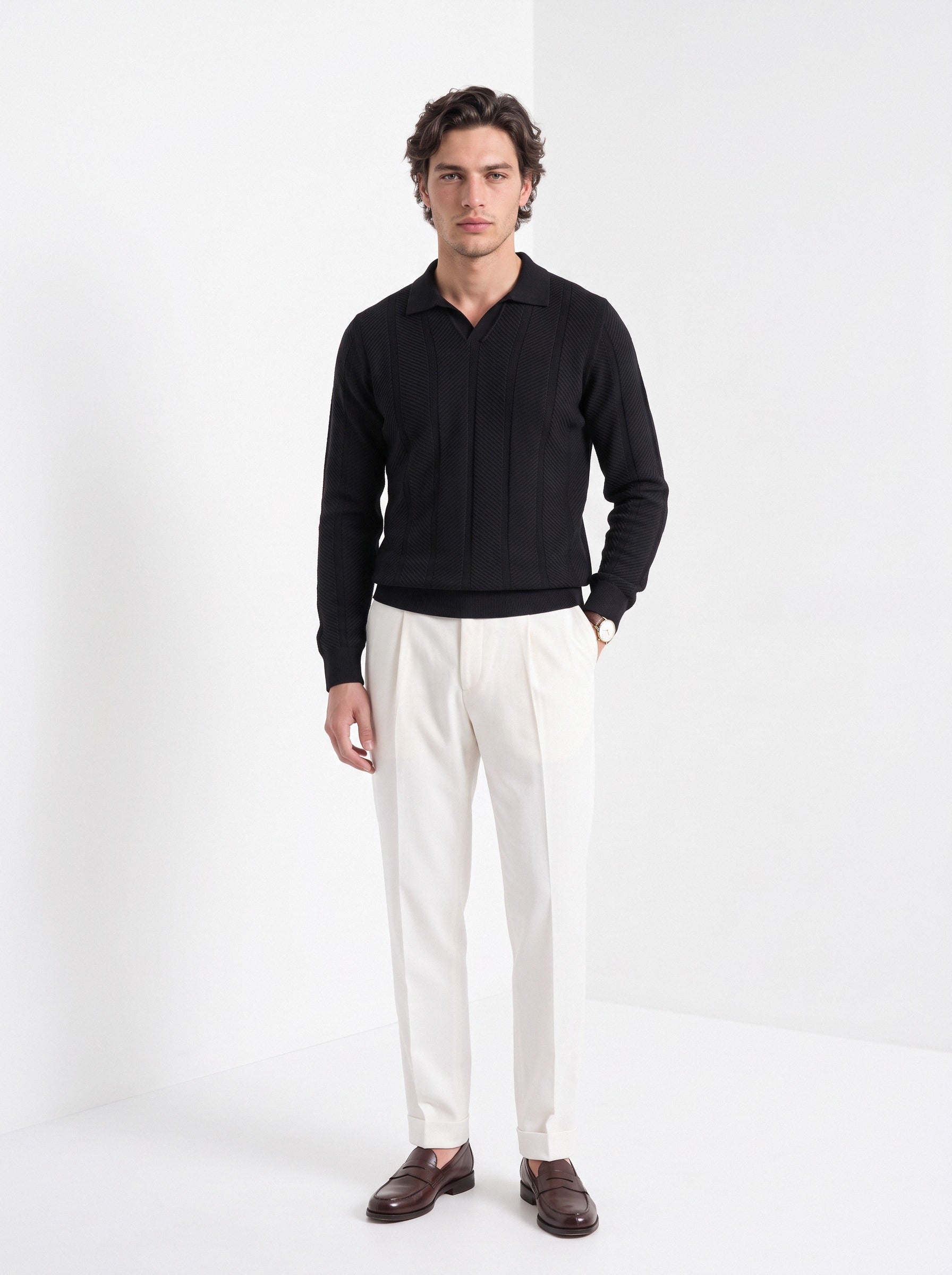 Men's long sleeve textured knitted polo in black, full-length