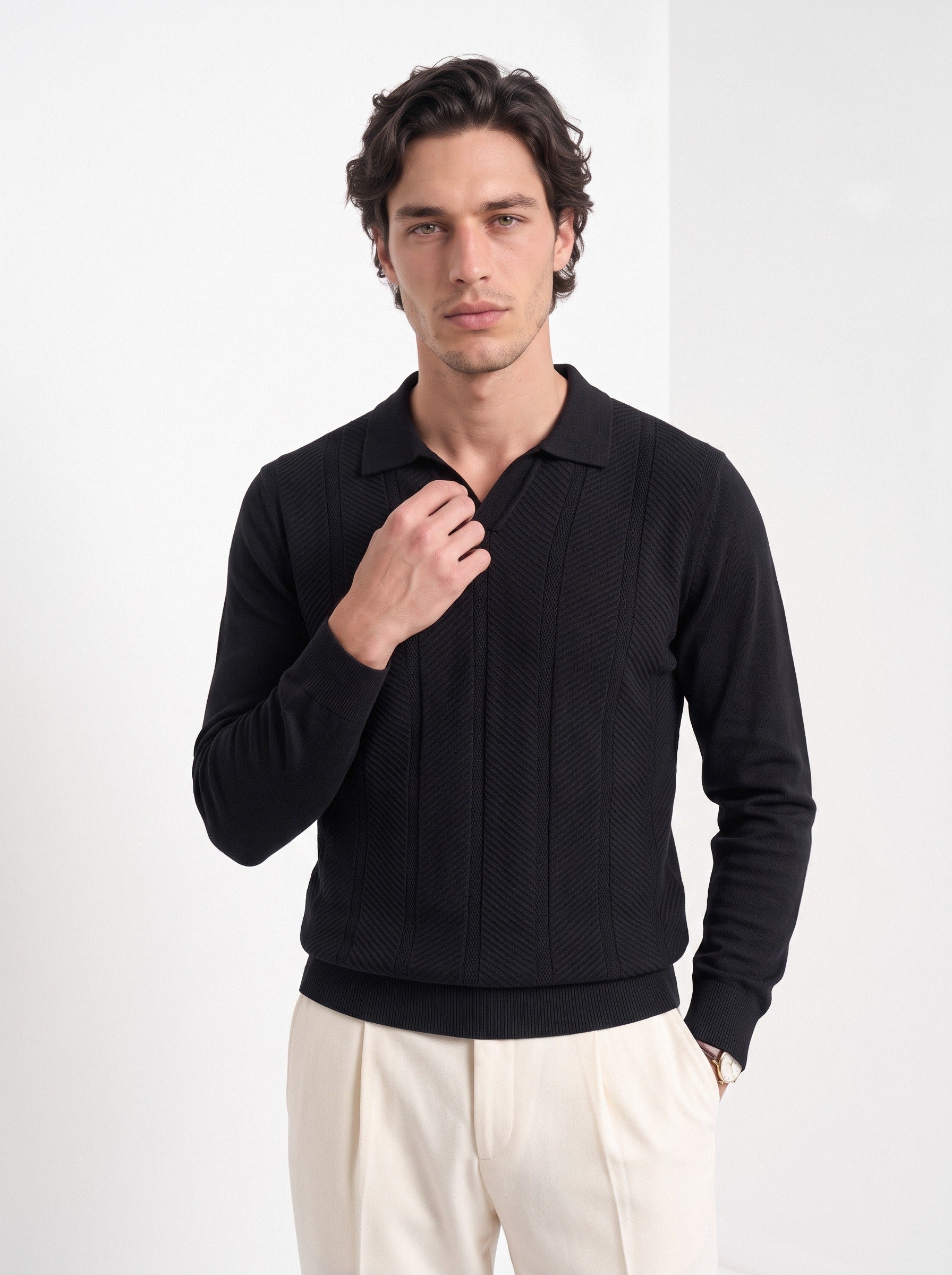 Men's long sleeve textured knitted polo in black, front portrait