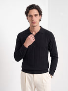 Men's long sleeve textured knitted polo in black, front portrait