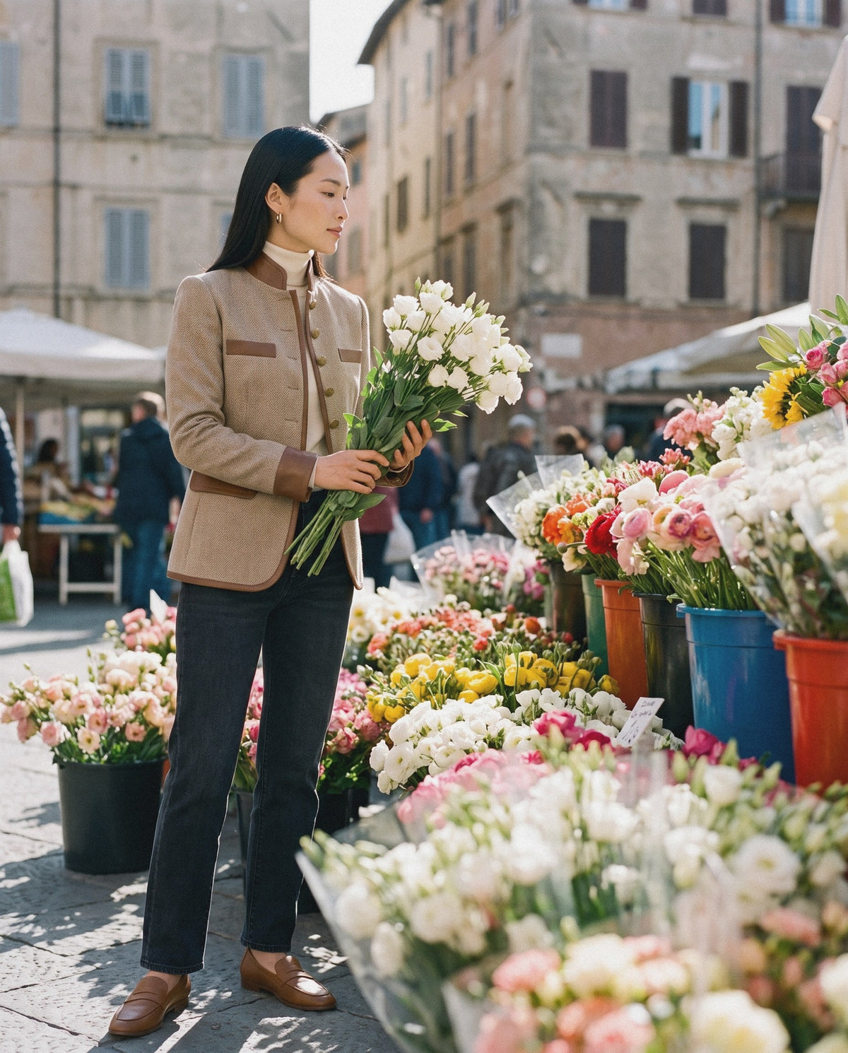 Woman in a herringbone jacket, cream turtleneck and straight jeans