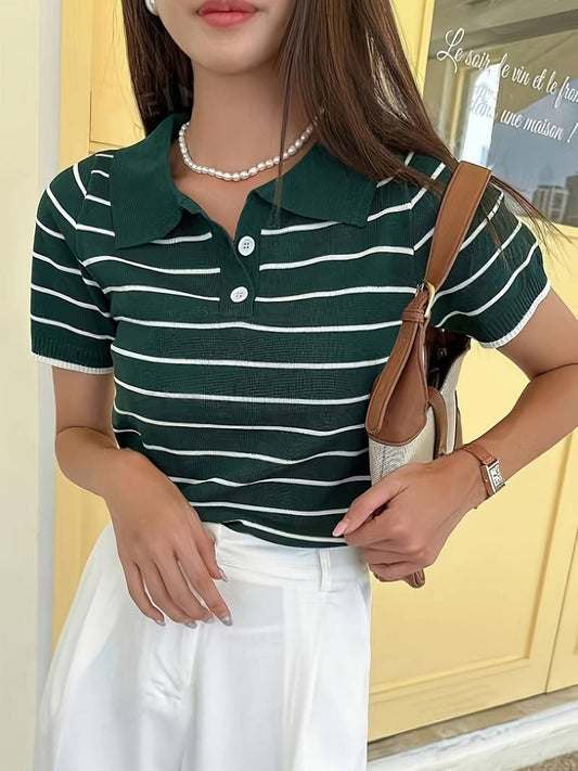 Old Money Casual Lapel Short Sleeve Striped Pattern Button Polo T-Shirt