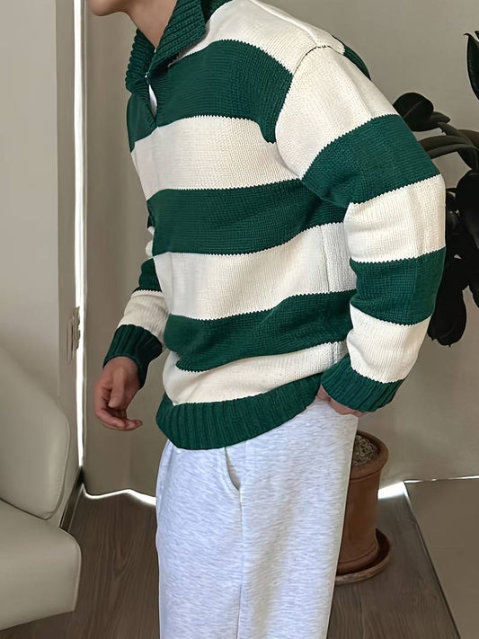 Old Money Green Color Block Striped Knitted Polo Pullover