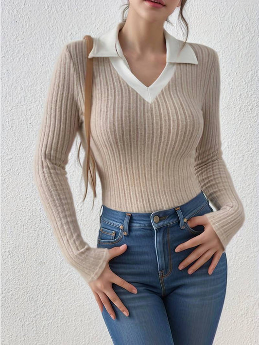 Old Money Knitted Woolen Slim Rib Knit Polo Sweater