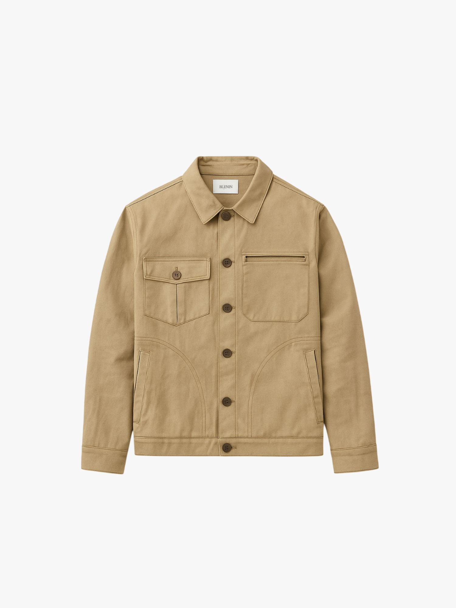 Beige jacket with button details on a white background