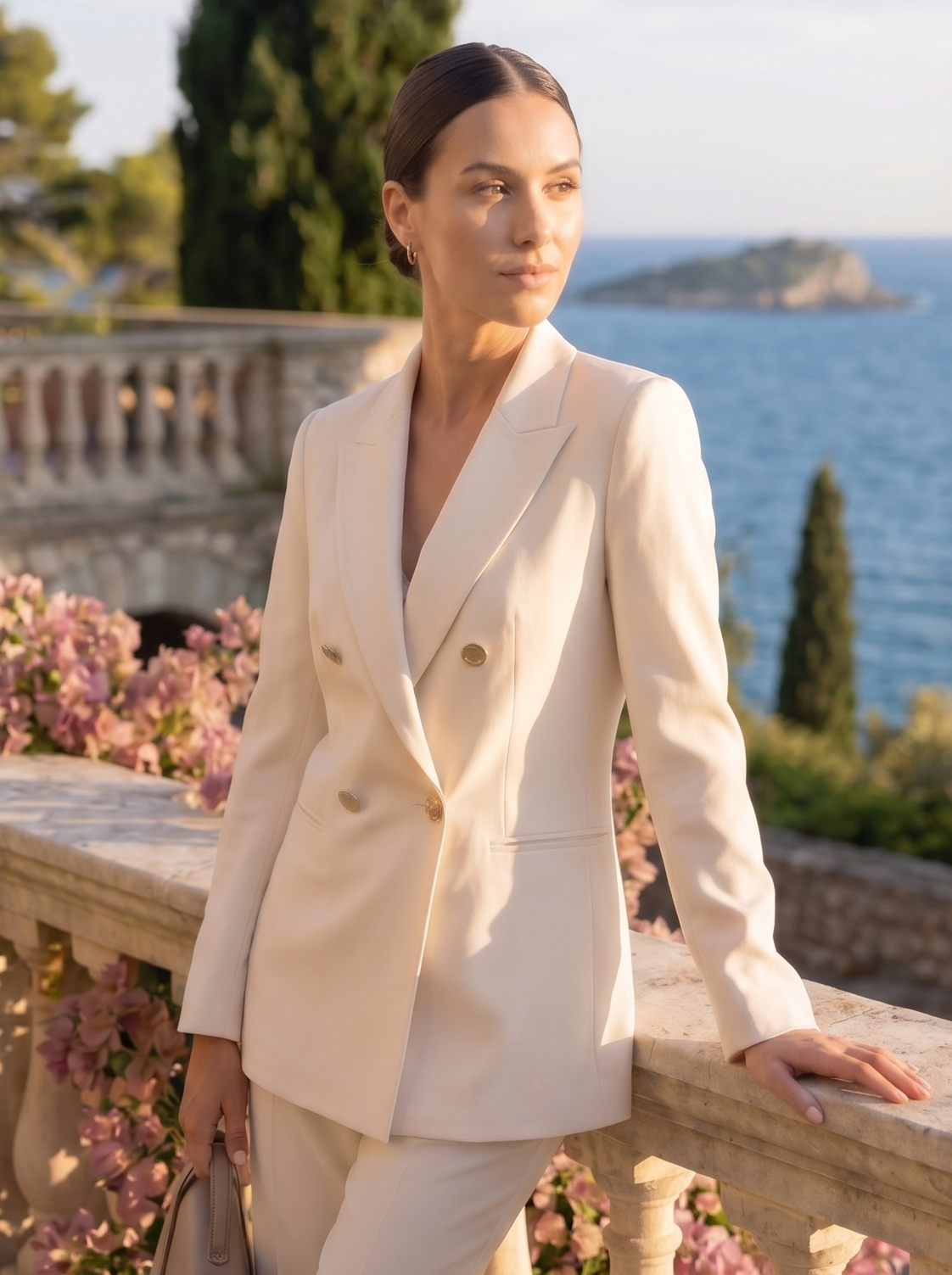 Woman in a beige suit standing on a balcony with a scenic ocean view.