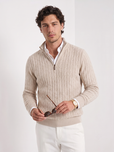 Men's cable knit crew neck sweater in beige