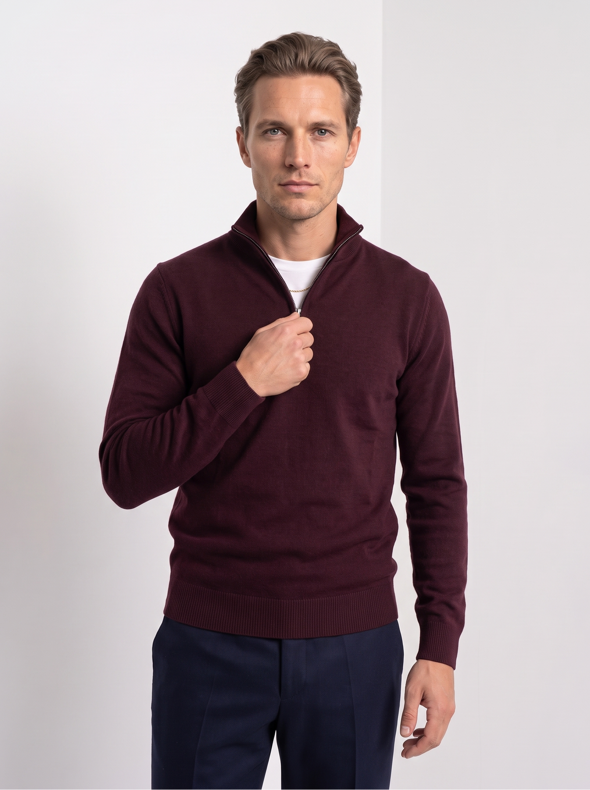 Men's quarter zip sweater in burgundy