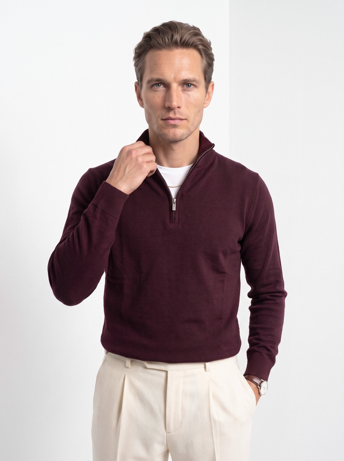 Men's quarter zip sweater in burgundy