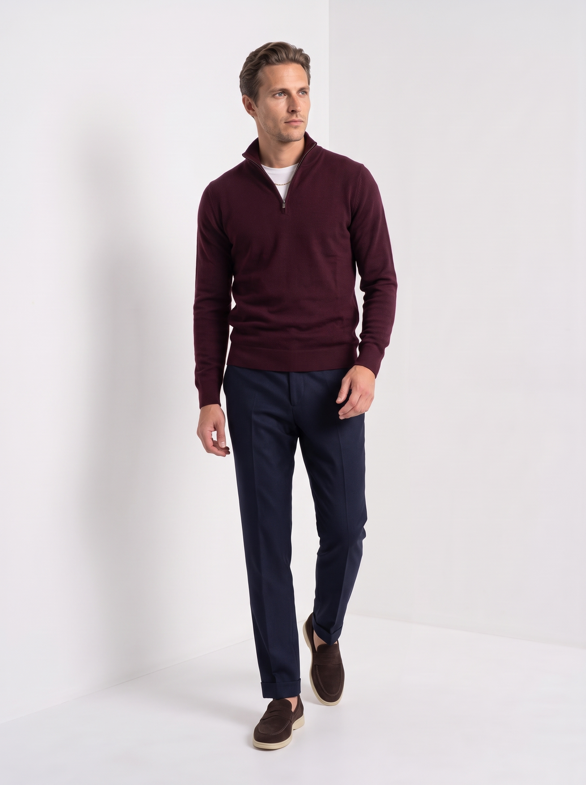 Men's quarter zip sweater in burgundy